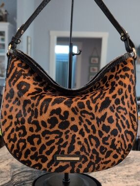 Brahmin Kathleen Leopard Calf Hair And Black Damson Leather Hobo Shoulder Bag